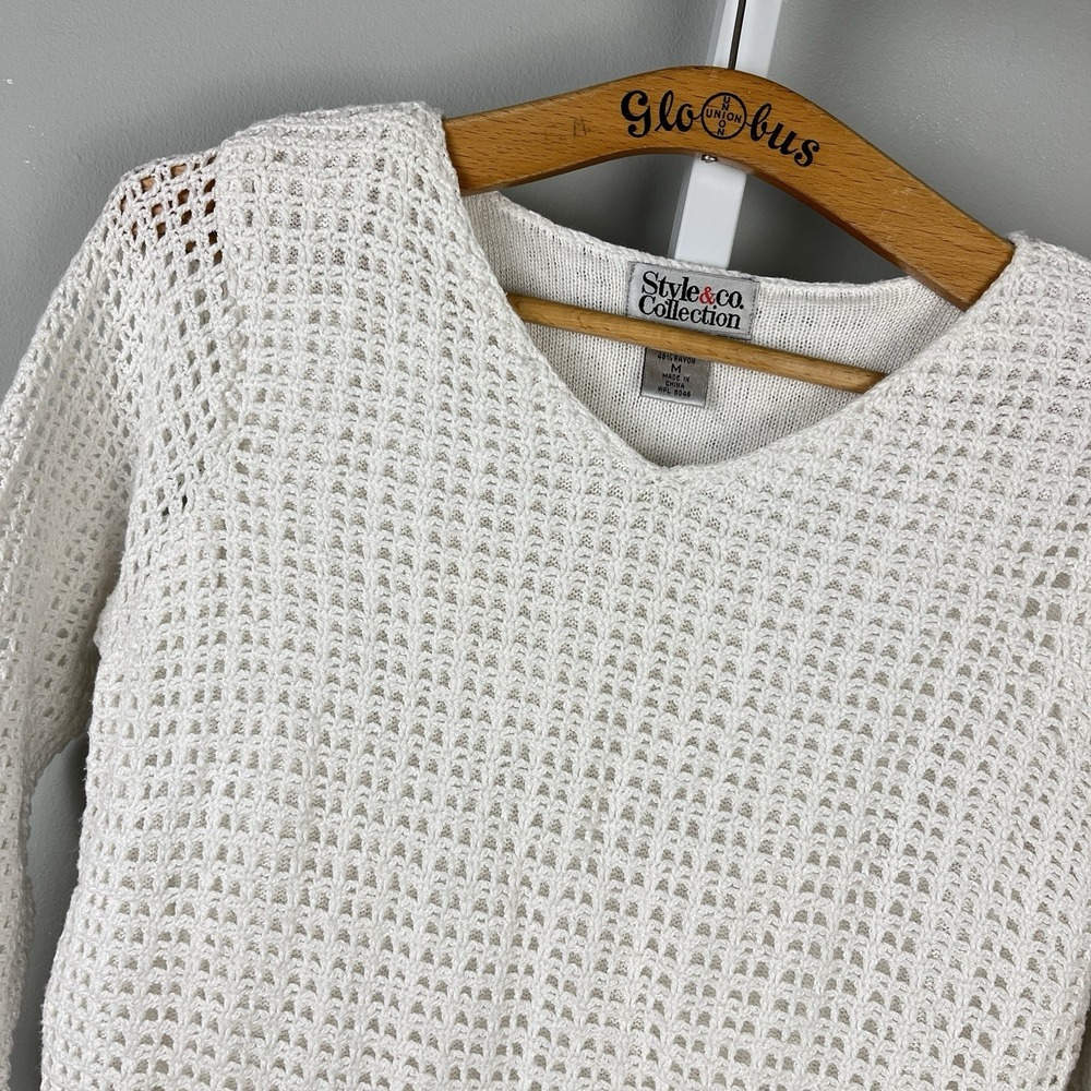 Style & Co. Collection White Crochet Sweater Top Womens M Linen‎ Blend Y2K